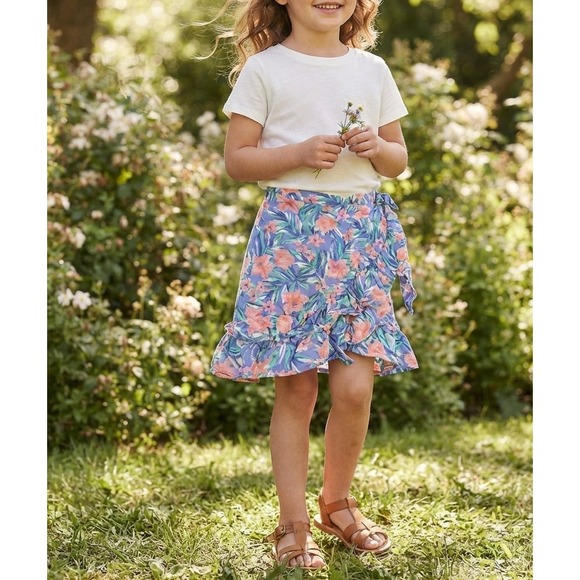 OshKosh B'gosh Other - OshKosh B'gosh Girls Blue Floral Ruffle Faux Wrap Skort Size 12 Tropical Print